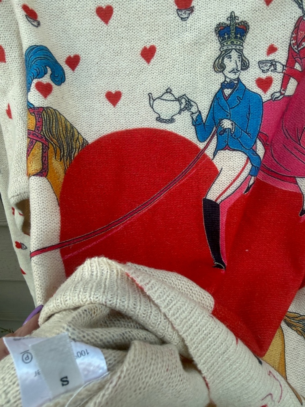 Art to Wear Whimsical Cream Sweater w/Red ❤️& ☕️ fun- Soft Unknown Brand - Picture 8 of 11